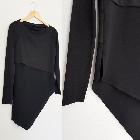 ZARA Long Sleeve Asymmetric Tiered Layered Top Tunic Blouse S Black Minimalist - Picture 4 of 12